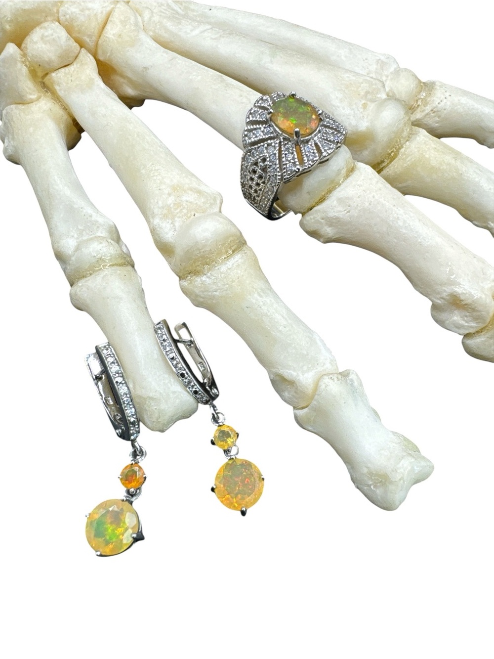 Vintage Sterling Silver CZ Fire Opal Drop Earrings & Ring Set Cocktail Opal Ring